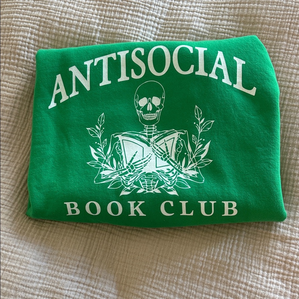 Green Graphic Sweatshirt with White Skull & Book Print